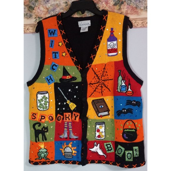 Rare! Basic Editions Witch Halloween Themed V-Neck Sweater Vest - Multicolor - Picture 1 of 5